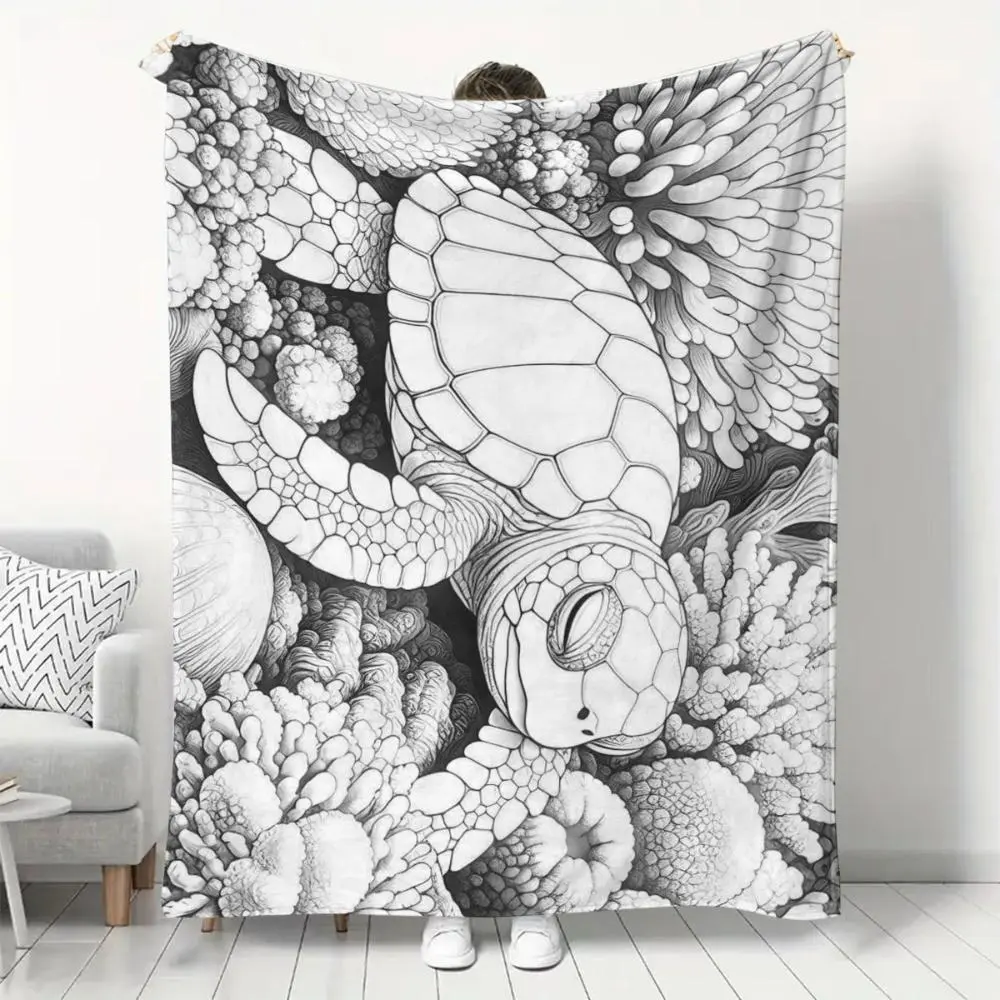 Sea Turtle Ocean Coloring Book Style Blanket, Soft Flannel Throw Blanket with Black White Turtle Coral Sea Life Print, Cozy Gift for Kids Girls Teens and Ocean Lovers, Cute Coastal Room Decor for Bed Couch Sofa Dorm, Lightweight Warm Blanket for Naptime