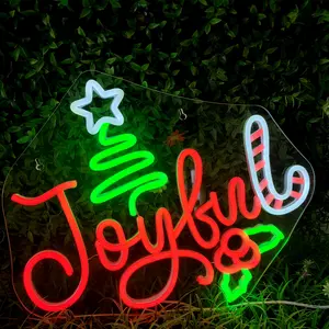 1pcs Joyful Christmas Neon Light with Tree Cane Candy Design, LED Wall Hanging Lamp, USB Powered, Home Office Store Window Decor