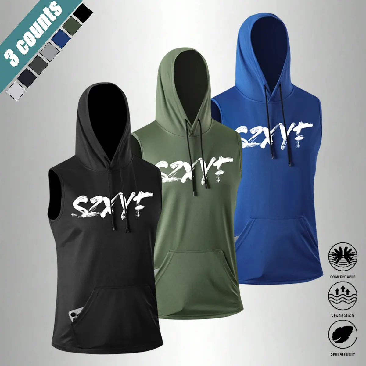 Men's Athletic Style Sports Singlet (3-Pack), Sleeveless Hooded Vest with Drawstring Hood, Letter Print, Kangaroo Pocket, Quick-Dry Jersey Top for Summer Outdoor Fitness, Gym Wear, Athletic Style Men's Sports Singlet
