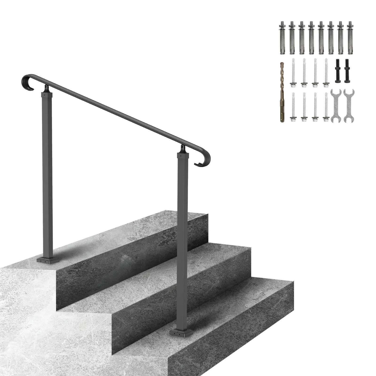 【toolupgrade】VEVOR Wrought Iron Outdoor Stair Railing Complete Kit, Curly Side, Flexible Size Fit 1-3 Steps, 23.6 in/60 cm Adjustable Porch Rail for Concrete Steps/Wooden Stairs, Rain-Resistant Home Improvement Building Supplies