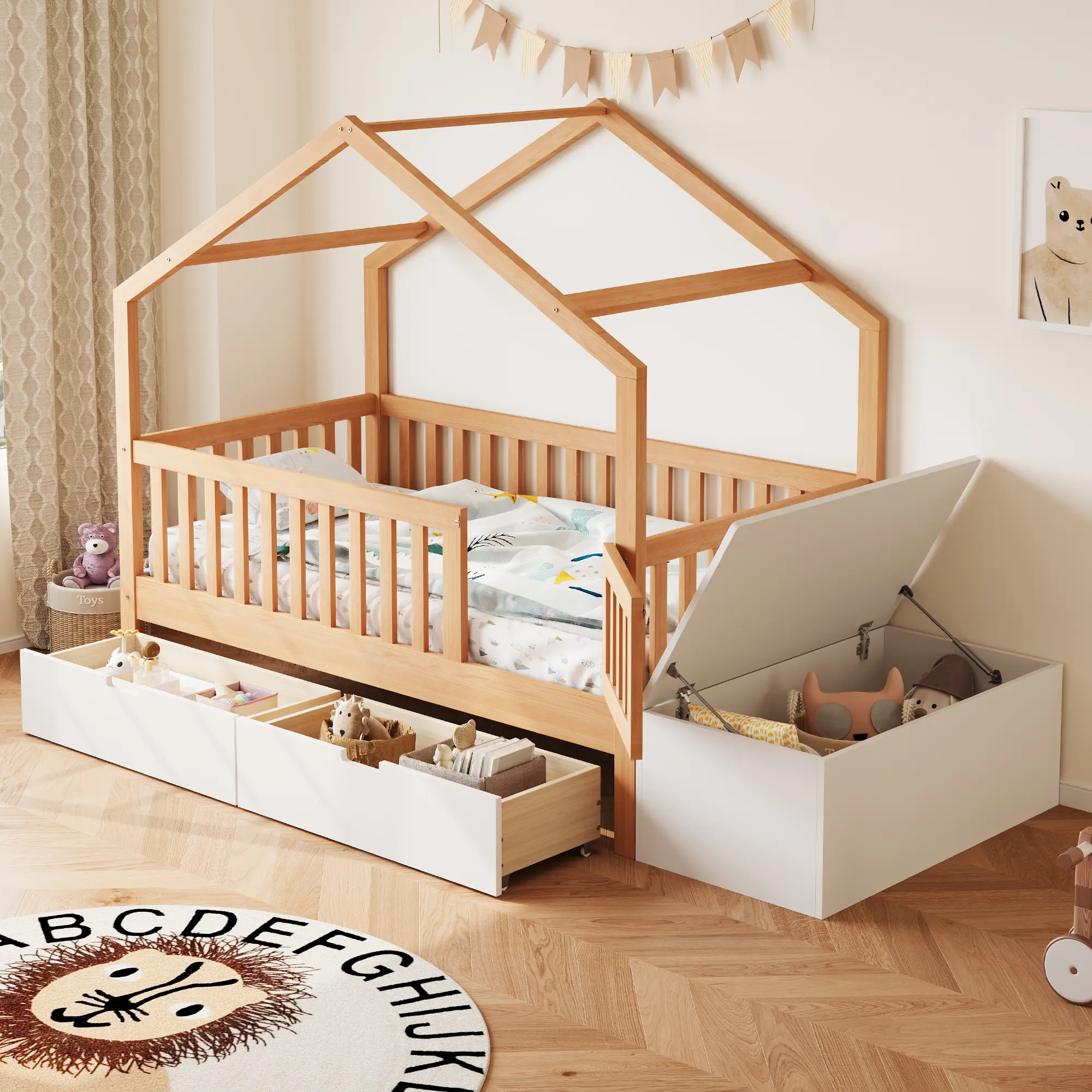 Kids Playhouse Bed with Full Guardrails, Safety Gate, and Under-Bed Storage, Solid Wood Frame, Fits Standard US Toddler Mattress, Multiple Color Options