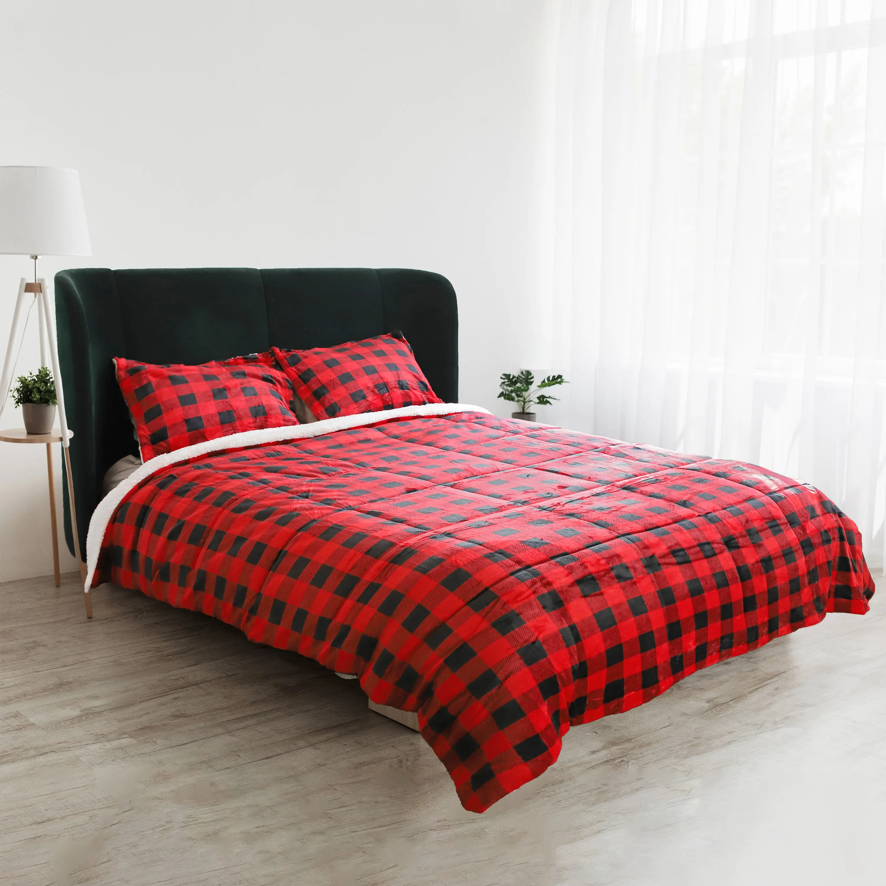 Catalonia Red Plaid Queen Size Sherpa Comforter Set,  Ultra-soft Reversible Fluffy Micromink Bedding Set-3 Pieces, 1 Comforter and 2 Pillow Shams