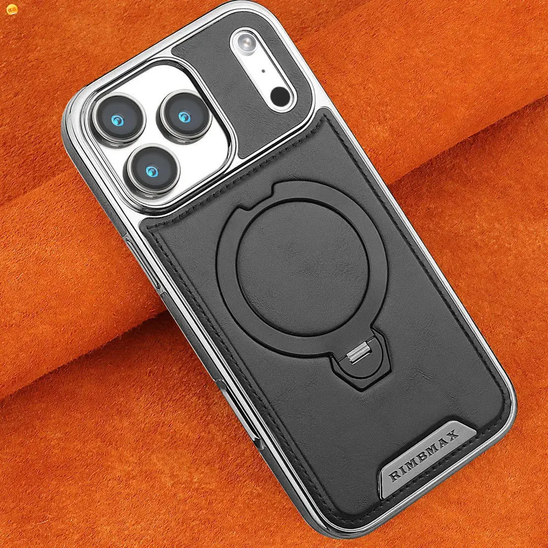 Premium Cow Hide Leather Handheld Smartphone Case with Rotating Stand - Customized Cellphone Casing, Protective Smartphone Shell, Accessories for iPhone 13-18 Pro Max, IP14 Protection, IP16 Pro Fit