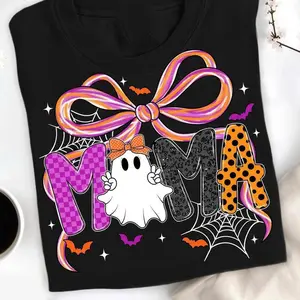 Mama Halloween Coquette shirt Preppy Halloween Mama Bow  Pumpkin Mama Gifts Cozy Fall Gift , Gift for Her"3XL 4XL 5XL" Large size Graphic T-Shirt Crew Neck Blouse Cotton T-Shirt Black Casual Womenswear Tshirt Style Tops