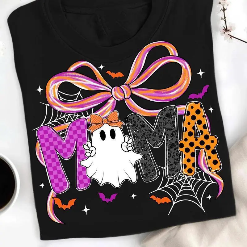 Women's Plus-Size Cotton Short-Sleeve Crew Neck T-Shirt - Halloween Theme Pumpkin Bow Graphic Print, Cozy Fall Gift, 3XL-5XL Black Casual Blouse, Preppy Coquette Womenswear