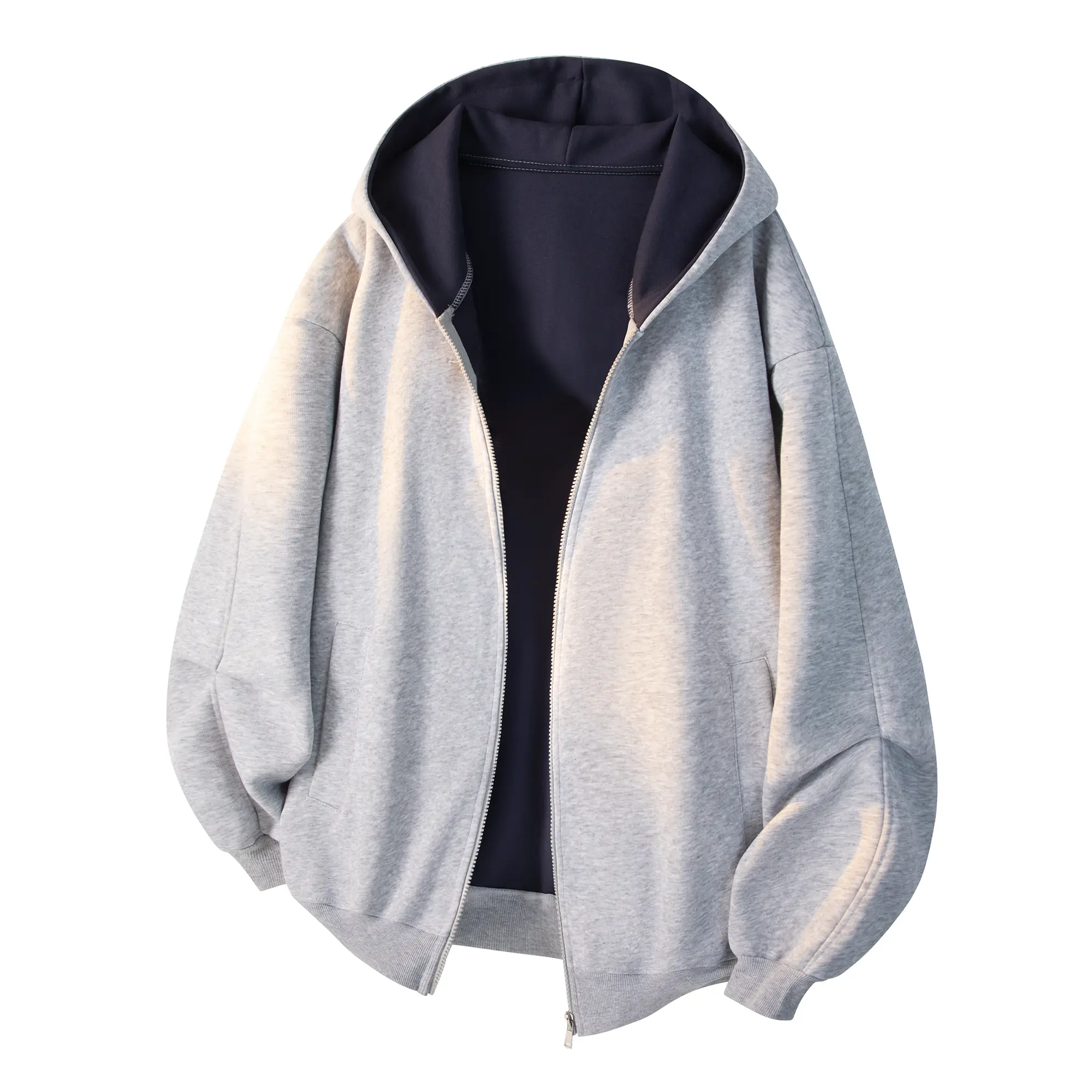 Men's Reversible Zip Hoodie Sweatshirt - Light Gray with Hidden Navy Inner Layer, Comfortable Long Sleeve Loose Drop-Shoulder Casual Cardigan Jacket, Versatile for Everyday Wear & Back to School, Sweatshirts, Top