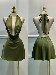 Elegant Sexy Halter Backless Mini Dress, Deep V Neck Tie Design, Perfect for Valentine's Day Wedding Guests, Fashion Evening Gown