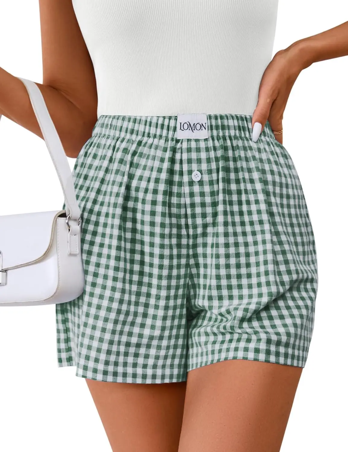 LOMON Womens Boxer Shorts Casual Summer Cotton Pajama Lounge Sleep Pj Gingham Plaid Shorts Y2K Beach Bottoms Loungewear Pants Womenswear Nightwear
