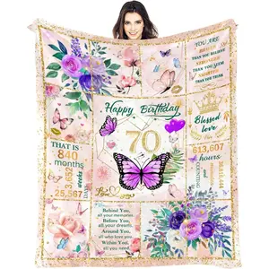 70th Birthday Blanket, 70 Year Old Gifts for Women, Happy 70th Birthday Gifts, Fun Butterfly Flower Throw Blanket Gifts for Anniversary Christmas, Super Soft Warm Plush Flannel Fleece Blankets 60"X50"
