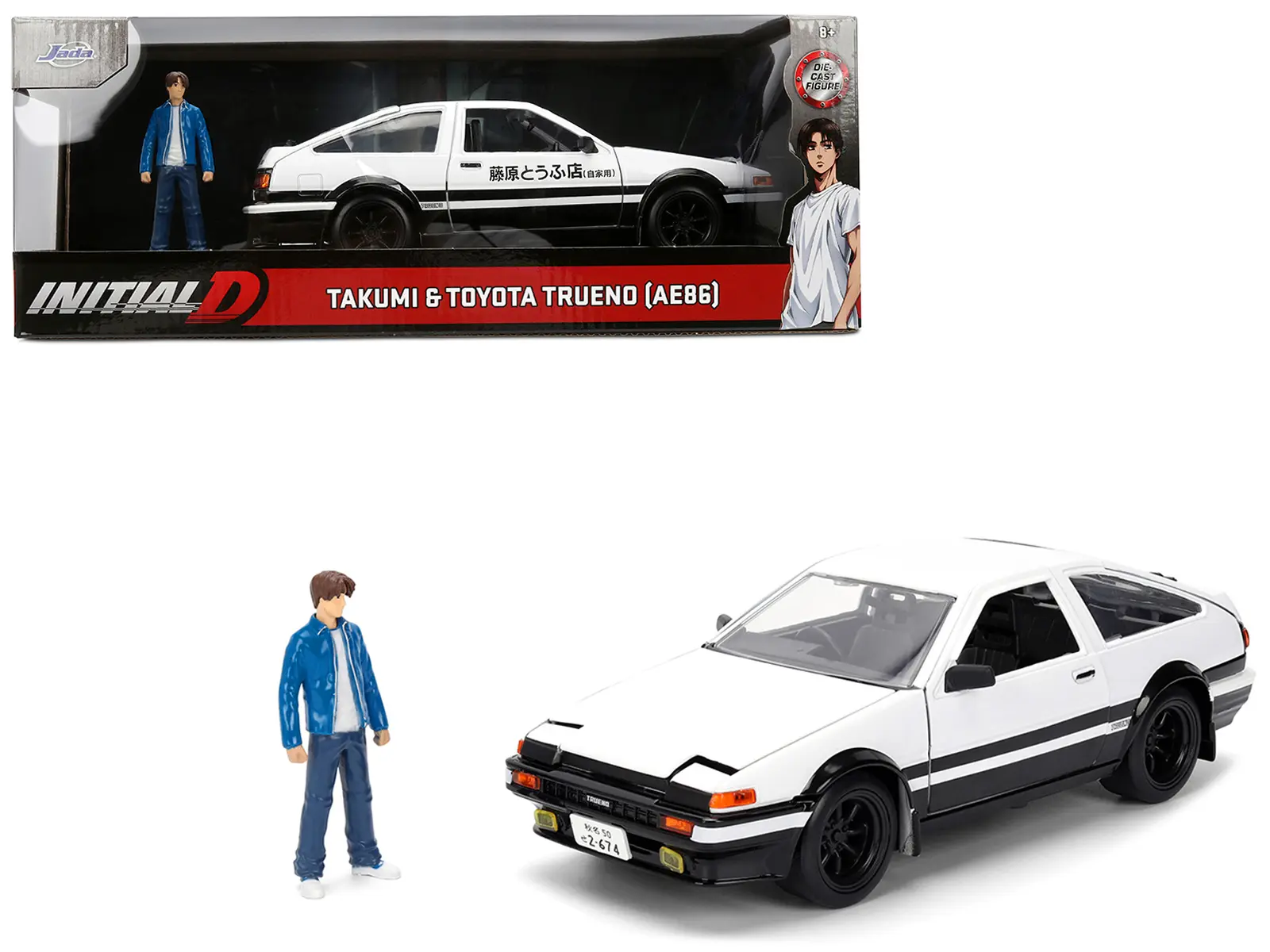 Toyota Trueno (AE86) RHD White and Black with Graphics and Figure "Initial D" (1998-2021) TV Series 1/24 Diecast Model by Jada