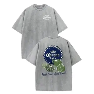 Vintage Washed Gray "Corona Extra Fresh Limes Good Times" Double Sided Graphic Oversized T-Shirt, Retro Beer & Lime Print Casual Summer Streetwear Top for Men Women
