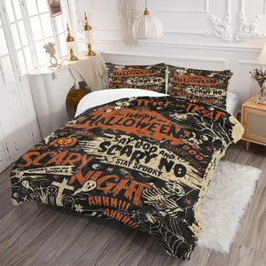 Retro Halloween Theme Comforter Set, 2 or 3 Pcs/Set, With Quilt Core/Without Pillow Core, Soft Comfortable Horror Atmosphere Bedding Set, Perfect Festival Bedroom Decorative Bed Cover, Suitable for All Seasons