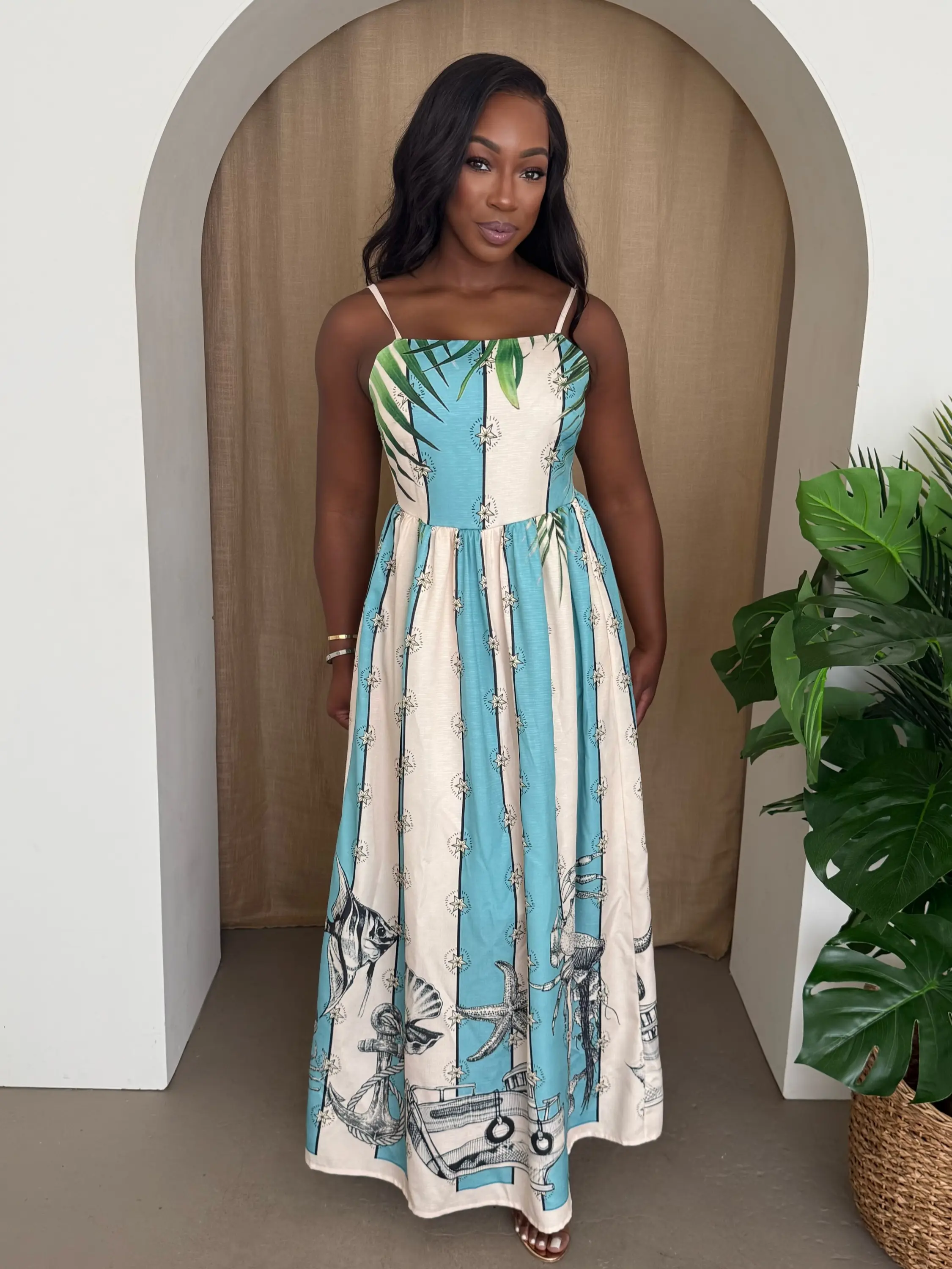 Coastal Serenity Nautical Print Maxi Dress for Timeless Resort Chic - Ocean Inspired Aqua Blue & Cream Stripes, Spaghetti Straps, Full Length Skirt, Casual & Elegant Womenswear