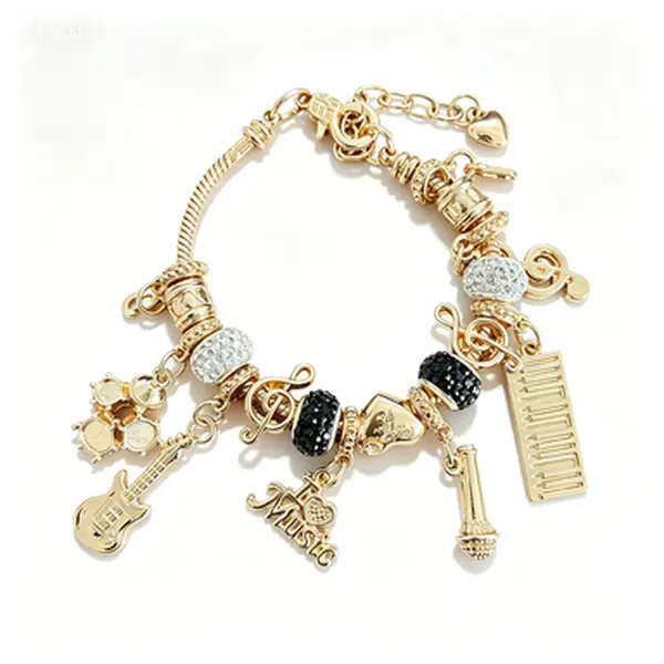 Music Instrument Charm Bracelet, Gold Adjustable Snake Chain Beaded Bracelet, Guitar Microphone Drum Piano Music Note Rhinestone Bead Wrist Jewelry, Rock Music Themed Gift for Musicians Music Lovers Teen Girls Women