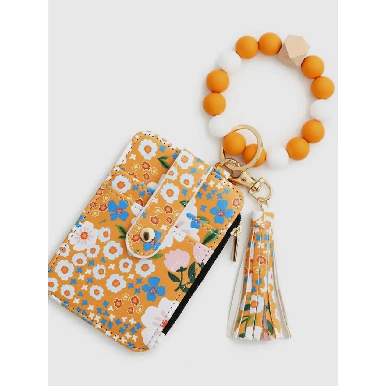 Yellow Floral Beaded Keychain Wallet