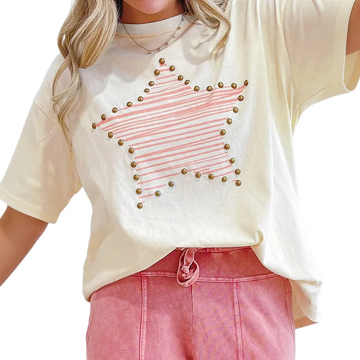 Mntaor Women's Cute & Casual Beige Star Top with Gold Stud Accents Soft Cotton Fabric Perfect for Layering Stylish & Comfortable Tshirt Womenswear Summer Streetwear