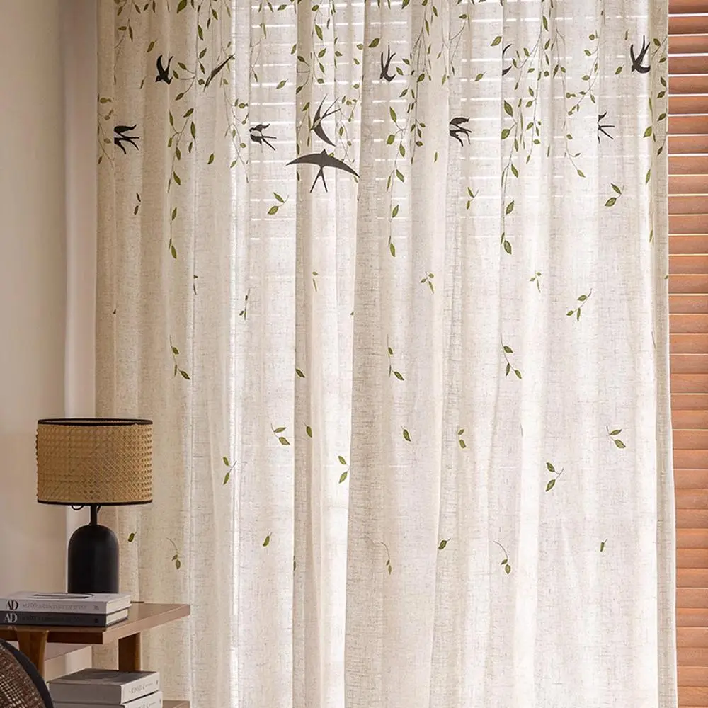 Bird Embroidery Door Curtain, Japanese Style Linen Curtain, Home Decorative Curtain for Living Room Bedroom Study Room