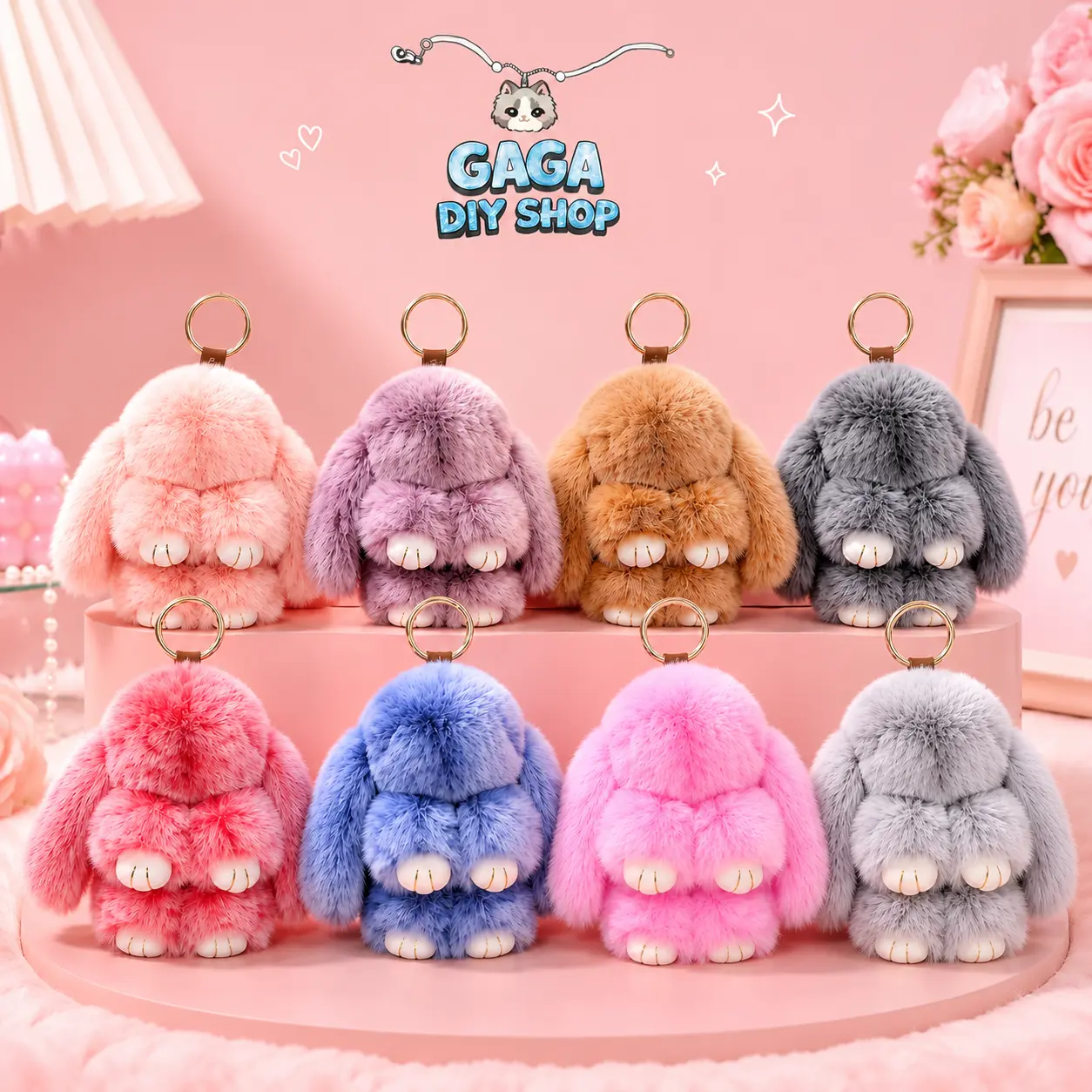 Fluffy Bunny Keychain Kawaii - 5.9-6.9 in Stuffed Animal Keyring, Cute Plush Bag Charm, Kawaii Fashion Accessory, Gift for Girls (Mother's Day & Graduation Option)