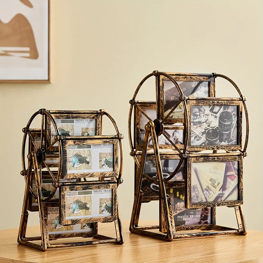 Vintage Rotating Ferris Wheel Picture Frame – Handcrafted Circular Display with 4 Spinning Frames, Gold Painted Finish, Romantic Valentine’s & Family Gift for Home Decor Lovers, Elegant Nostalgic Vibe