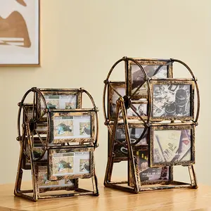 1pc Retro Rotating Ferris Wheel Photo Frame, Handcrafted Circular Display with 4 Spinning Frames, Gold Finish for Valentines Day & Family Gift
