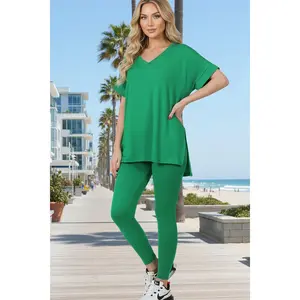 Zenana Brushed Microfiber Rolled Short Sleeve Top and Leggings Loungewear Set