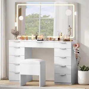 【Dealsforyoudays】Yitahome Vanity Desk Set, 11 Drawers Wood TableTop Vanity with LED/Bulb Light Strip & Extra-Large Mirror, Power Hub & Hair Dryer Rack, 3-Color Modes Adjustable, Storage Bench