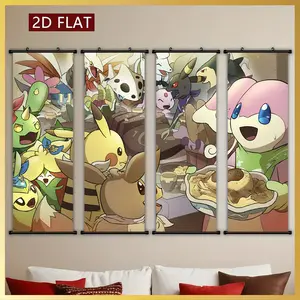 [2D-Flat]4pcs Exquisite Posters Canvas Wall Art Anime Art Print Ink Wash Painting Unframed Scroll Hanging Painting, With Scroll Ord Art Decor HD, Pattern for Living Room, Best Gift for Friends, Indoor-Outdoor Decor, Ink HD Fade-Resistant Art