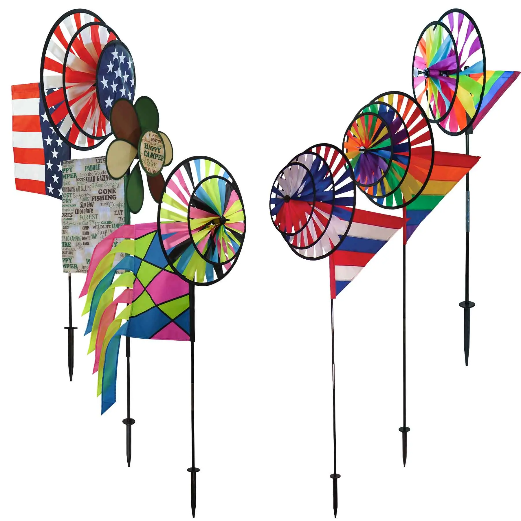 In the Breeze Pivoting Wheel Spinner with Wind Sail or Flag Colorful Wind Spinner for Yards and Gardens Fade and Weather Resistant Polyester Fabric Strips Fiberglass Frame