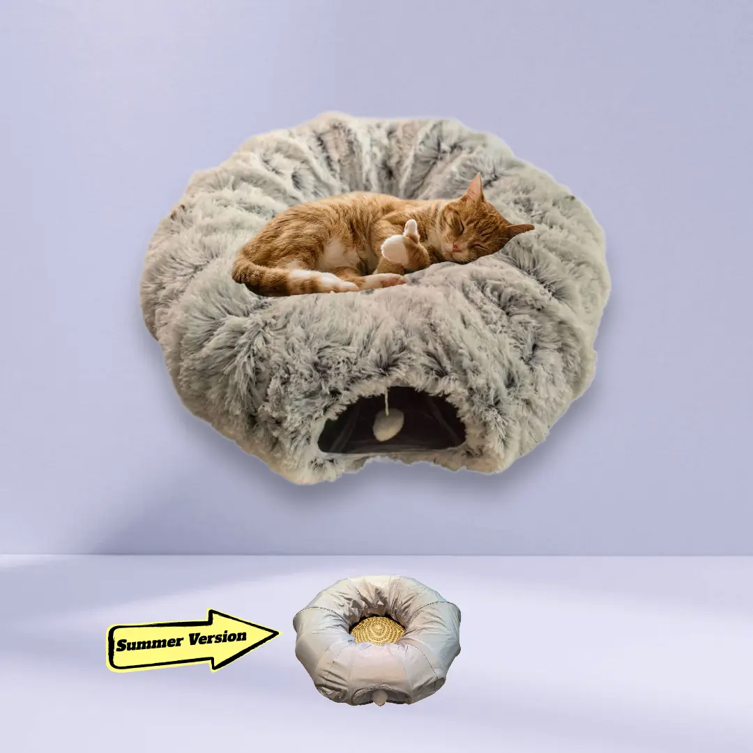 Cat Play Tunnel and Bed, Middle Mat, Foldable Versatile Design - Soft Plush or Non-Plush Polyester Blend, 84cm Diameter, 28cm Height, Easy Storage and Transport, Relaxation & Interactive Toy for Cats