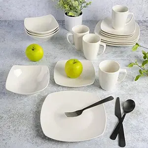 Home Zen Buffet Porcelain Chip and Scratch Resistant Dinnerware Set, Service for 4 (16pcs), White (Square) Cutlery Tableware