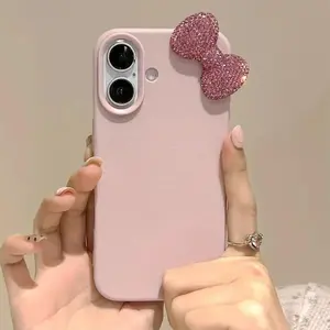 Cute 3D Diamond Bow Pink Phone Case For iPhone 17 16 15 14 13 12 11 Pro Max XR X XS Leather Texture Soft Shockproof Bumper Cover
