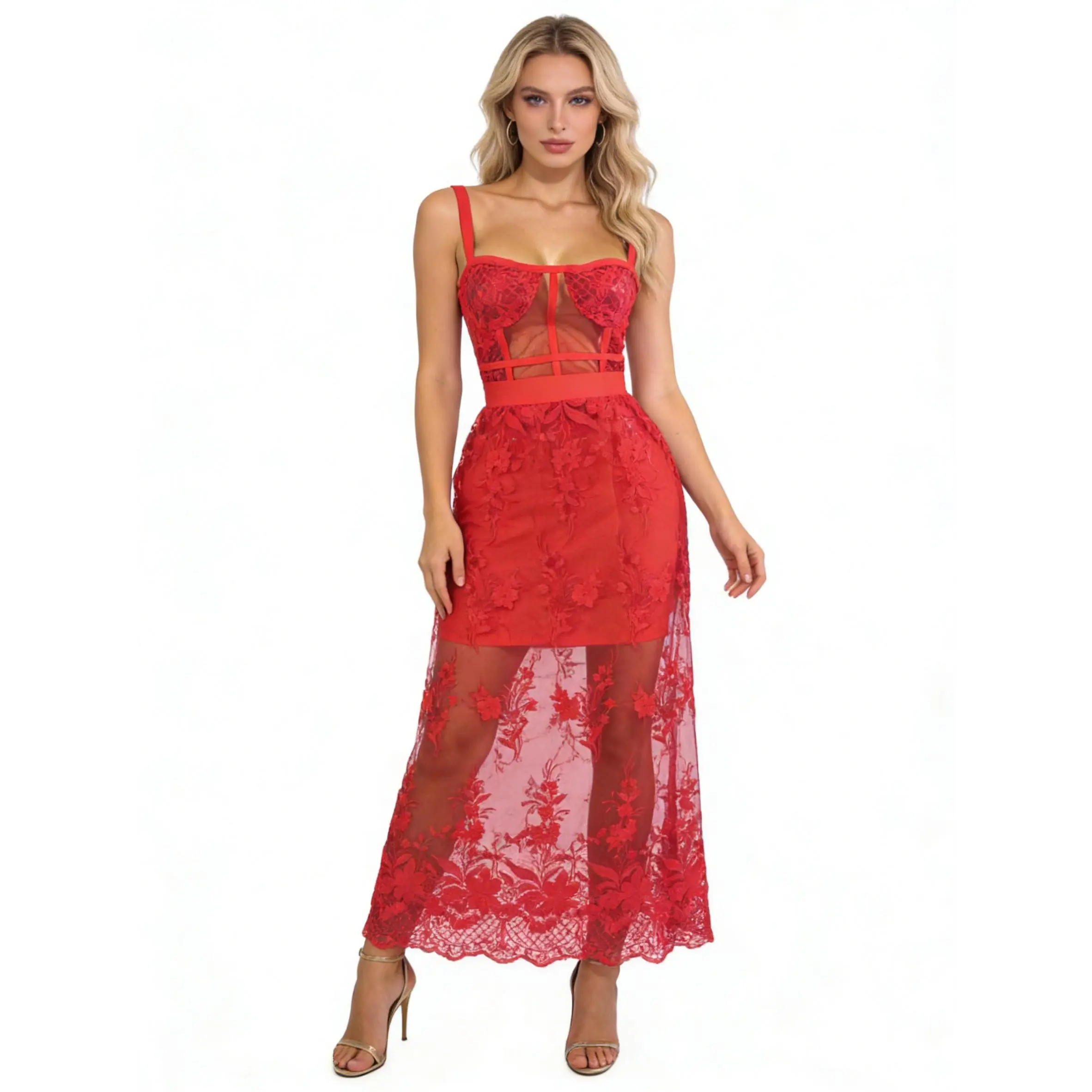 Women's Red Corset Maxi Dress - Elegant Strappy Bandage Style with Sheer Floral Embroidery Skirt, Corset-Style Mesh Panel, Romance Statement Piece, Available in Sizes XS-L for Cocktail Parties, Metallic, Fabric, Fit, Bodycon, Lace
