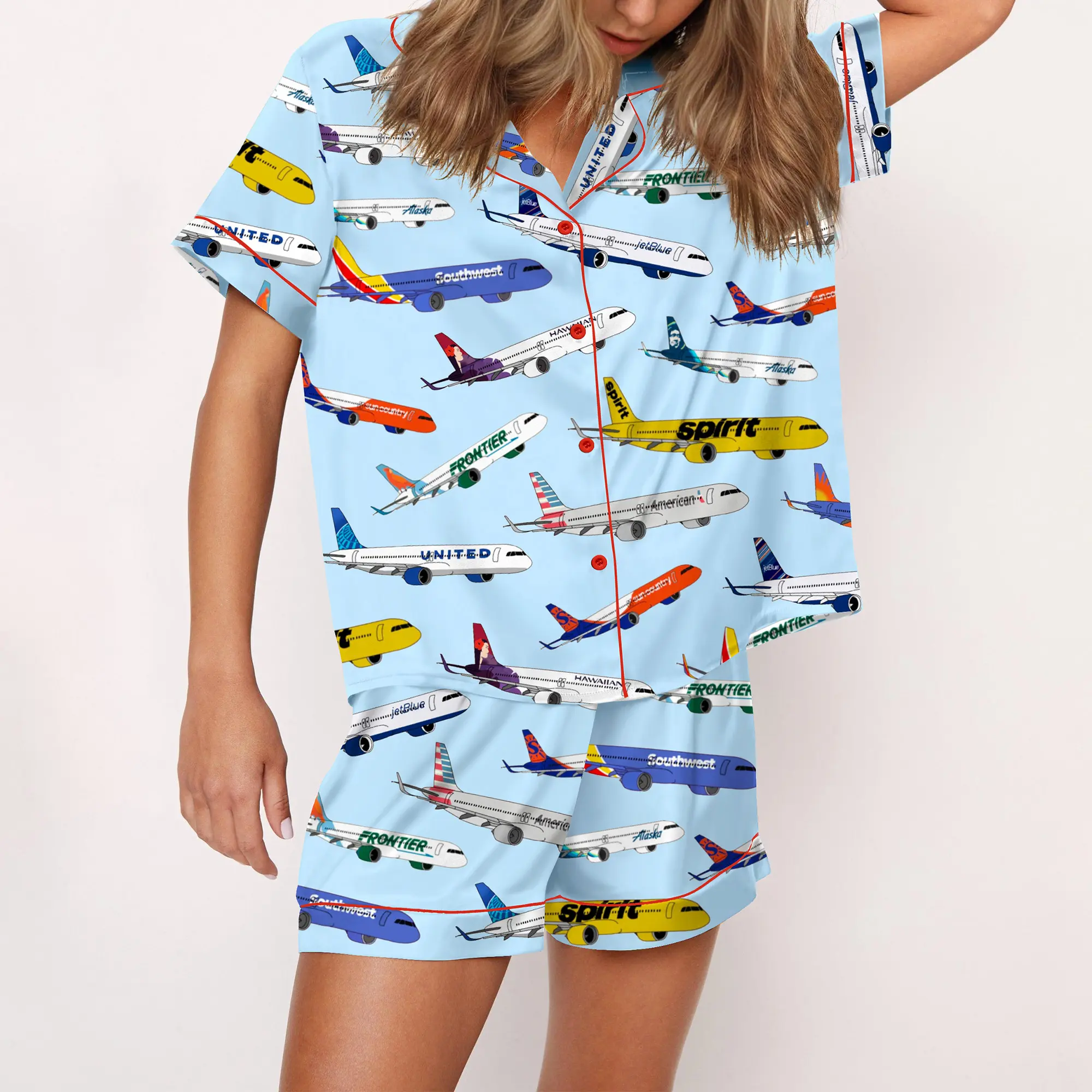 Airline Aircraft Satin Pajama Set For Women Print Comfy Satin Sleepwear & Loungewear Pjs Printing Silky Top & Bottoms - SHESHOW