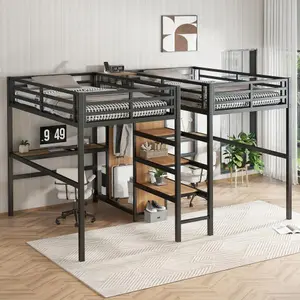 Bellemave  Twin Over Twin Metal Loft Bed with Double Desk and Wardrobe and Shelves with Electrical Outlet for Space Saving and Noise Reduction