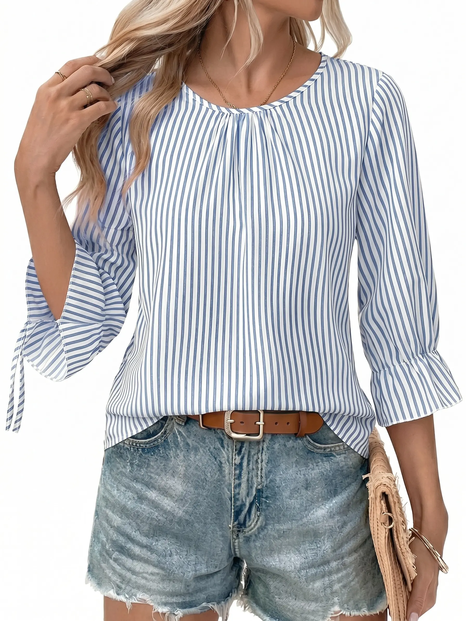 Shewin Women's Round Neck Gathered Front Striped Blouse - 3/4 Tie Flare Sleeves, Back Button Split Hem, Casual Clothes & Tops for Women for Daily Outings DealsForYouDays,summerwins,summeroutfits,vacationoutfits,beachoutfits Shirts Womenswear