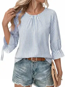 Shewin Women's Round Neck Gathered Front Striped Blouse - 3/4 Tie Flare Sleeves, Back Button Split Hem, Casual Clothes & Tops for Women for Daily Outings DealsForYouDays,summerwins,summeroutfits,vacationoutfits,beachoutfits Shirts Womenswear