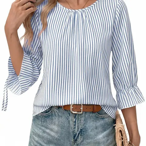 Shewin Women's Casual Basic Striped Pullover Blouse - 95% Poly 5% Elastane Flex, Scoop Neck, 3/4 Tie-Flare Sleeves, Back Buttons, Long Sleeve Tops Option, Colorfast, Cold Wash, Classic Patterned Blouses & Shirts for Basic Outfit Ideas | Women's Tops