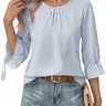 Shewin Women's Casual Basic Striped Pullover Blouse - 95% Poly 5% Elastane Flex, Scoop Neck, 3/4 Tie-Flare Sleeves, Back Buttons, Long Sleeve Tops Option, Colorfast, Cold Wash, Classic Patterned Blouses & Shirts for Basic Outfit Ideas | Women's Tops