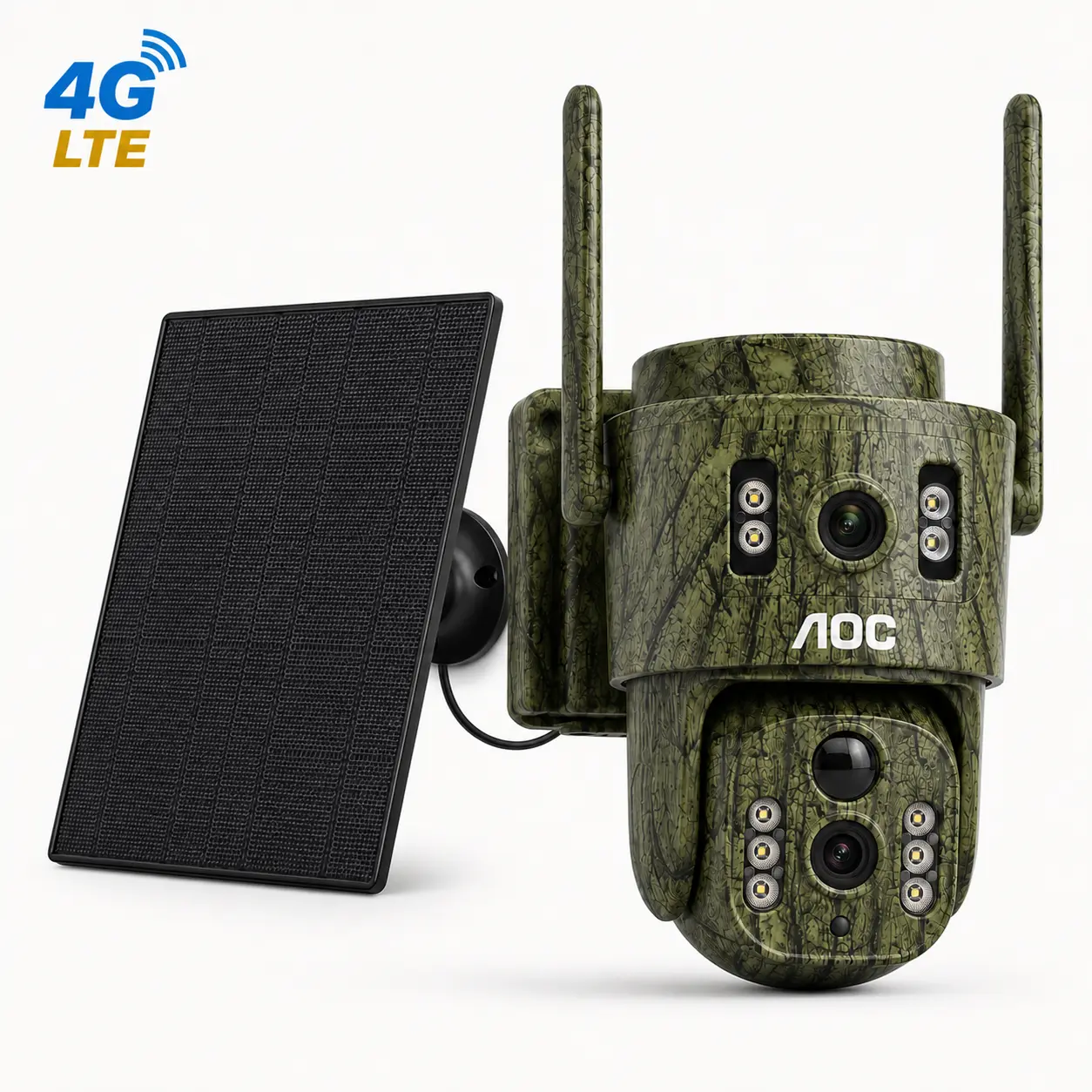 AOC 4G LTE Camouflage Solar Security Camera for Farm, Orchard & Woodland, No WiFi Needed (7-Day Trial, 4G Plan Required), Dual-Lens Dual-View, PTZ, AI Tracking, Motion Detection, Color Night Vision, AOV All-Day Recording, IP65