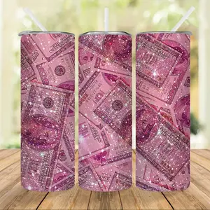 1pc Pink Shiny Dollars Tumbler With Lid And Straw, 20oz Stainless Steel Water Bottle, Vacuum Insulated Straight Water Cups, Summer Winter Drinkware, Outdoor Travel Accessories, Valentine's Day Gifts