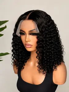 [Ribacee] High-density wool perm short bob wig with lace front, no glue, ready to use, deep wavy curls, wet hair wave 6x4 wig, women's style, high crown to make the face look smaller | natural black center parted curls, natural hairline