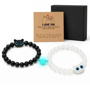 Couple's Owl & Heart Magnetic Luminous Bracelets (2-Pc Set) with I Love You Message Card & Gift Box, Glow in the Dark Matching Bracelets for Couples, Long Distance Relationship Anniversary Birthday Valentines Day Gifts for Boyfriend Girlfriend