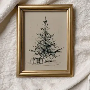 Antique Style Christmas Tree Sketch - Vintage Neutral Holiday Print, Timeless Old World Winter Decor
