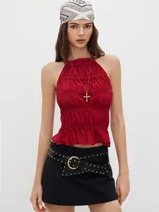 Cider Chiffon Halter Neckline Knotted Ruched Backless Top