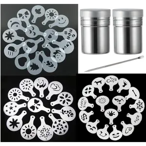 44 Cookie Stencils+2 Mesh Powder Shakers+1 Coffee Latte Art Pen, Cake Stencils Coffee Decoration Stencils Coffee Art Templates Coffee Mold Tool for Christmas Thanksgiving Cake Coffee