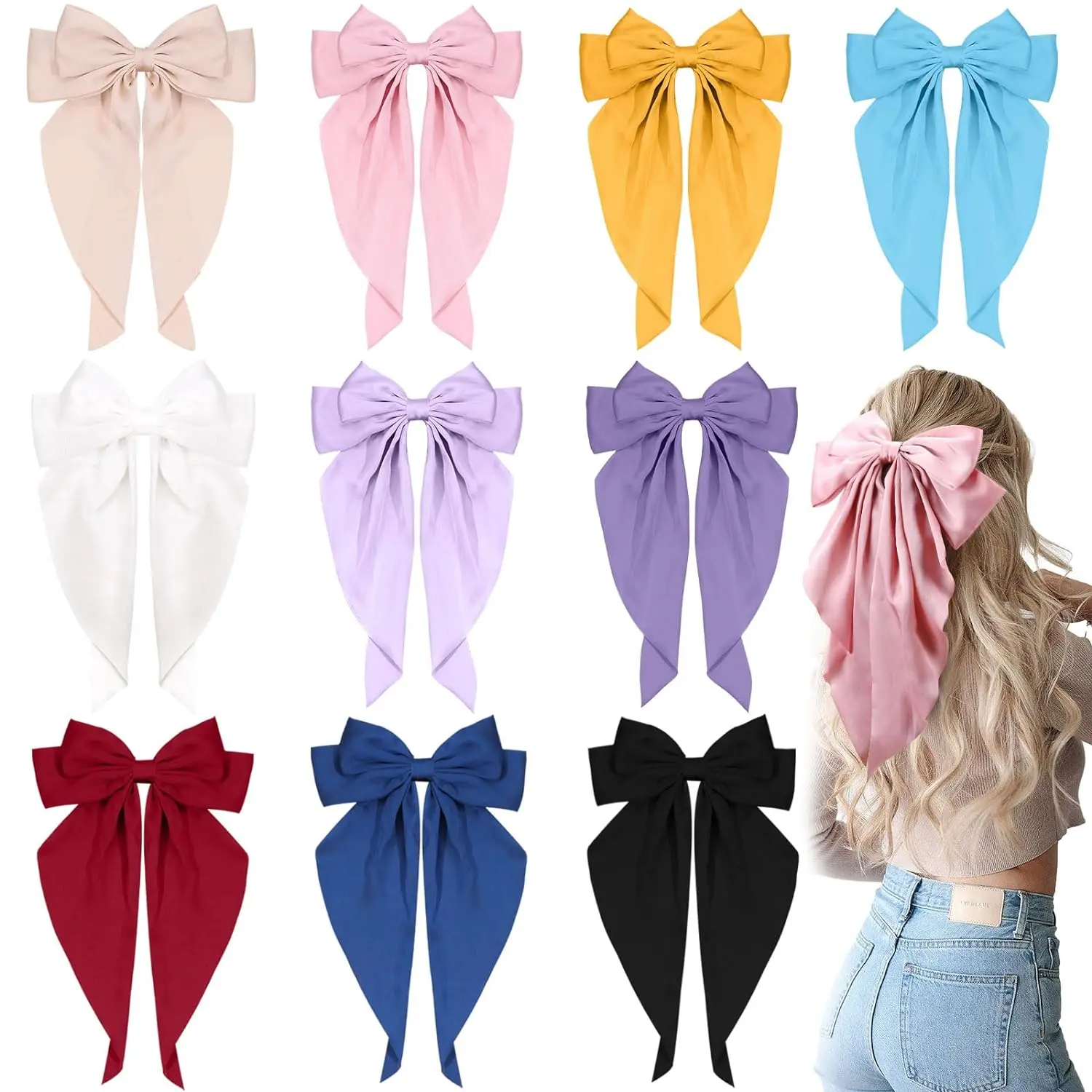 10 PCS Large Hair Bows Hair Ribbon Barrettes with Long Tails for Women & Girls,  Vintage French Hair Accessories - Bow Clips
