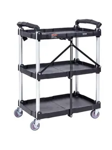 Foldable Utility Service Cart, 3 Shelf 165LBS Heavy Duty Plastic Rolling Cart with Lockable Wheels, Ergonomic Handle, Portable Garage Tool Cart for Warehouse/Office/Home(25.62"x15.43"x32.76")