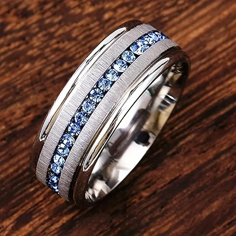 Men's Classic Band Ring, 8mm Geometric Stainless Steel Jewelry with a Single Row of Blue Rhinestones for Daily Wear, Gingham, Classic Band Rings