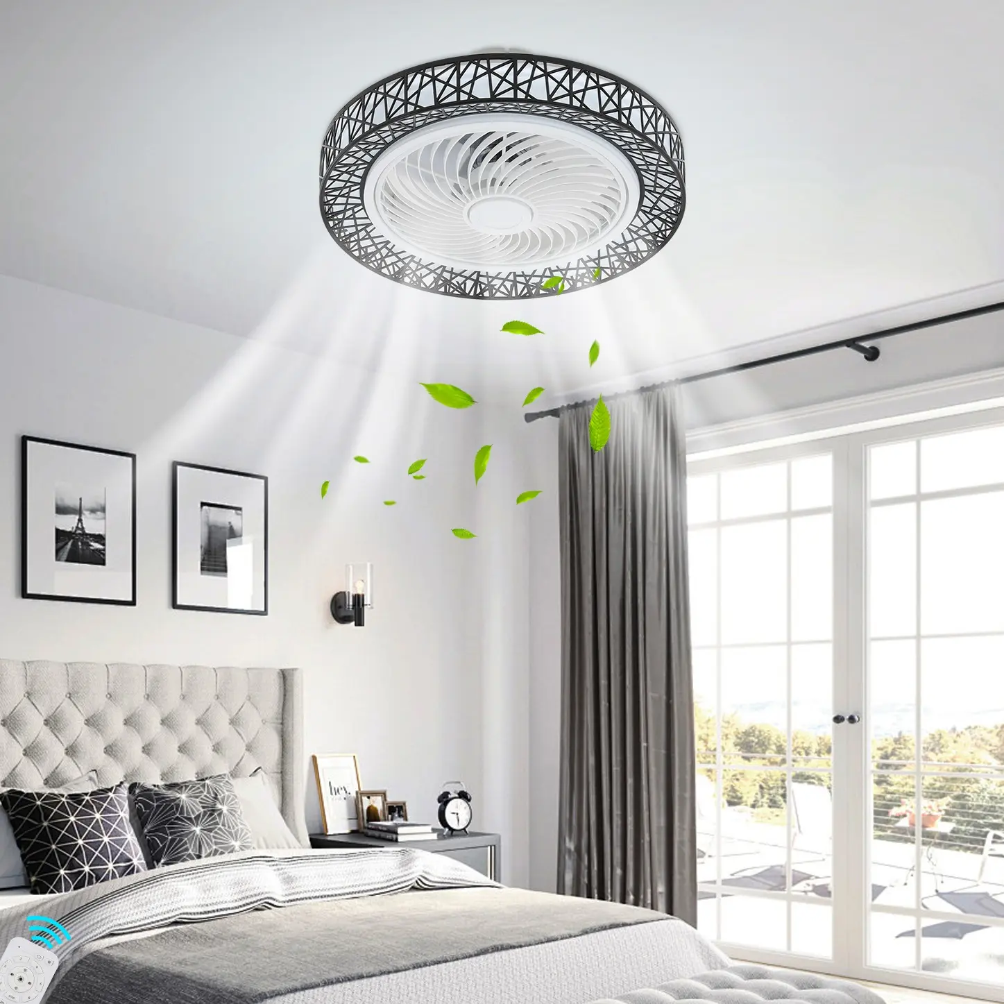 CNCEST 23-in Round Plastic/Acrylic Flush Mount Bladeless Ceiling Fan, Elegant Energy Efficient Eye-Friendly Dimmable LED Chandelier Light for Bedroom, Kitchen, Bladeless Ceiling Fans