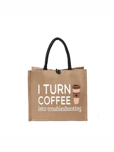 Simple Linen Tote Bag, Printed Handbag"I TURN COFFEE into Troubleshooting" Jute Tote Bag - Stylish Brown Reusable Bag with Black Handle & Circular Clasp, Great for Coffee Lovers, Eco-Friendly, Ideal for Daily Use and Shopping.Large Capacity, Reusab